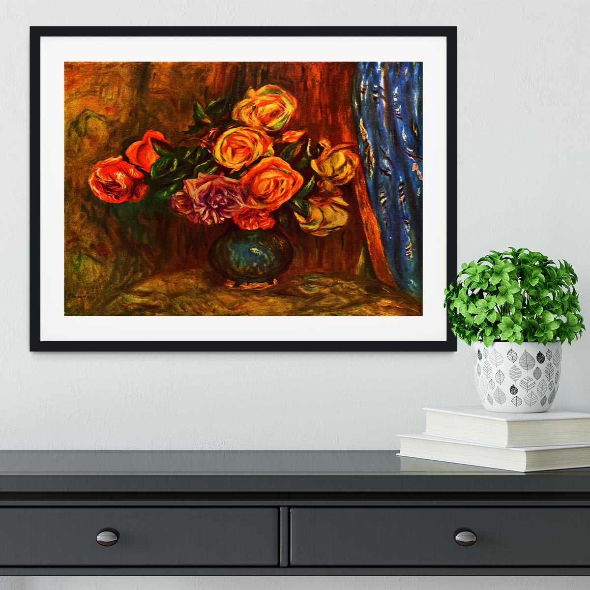 Still life roses before a blue curtain by Renoir Framed Print - Canvas Art Rocks - 1