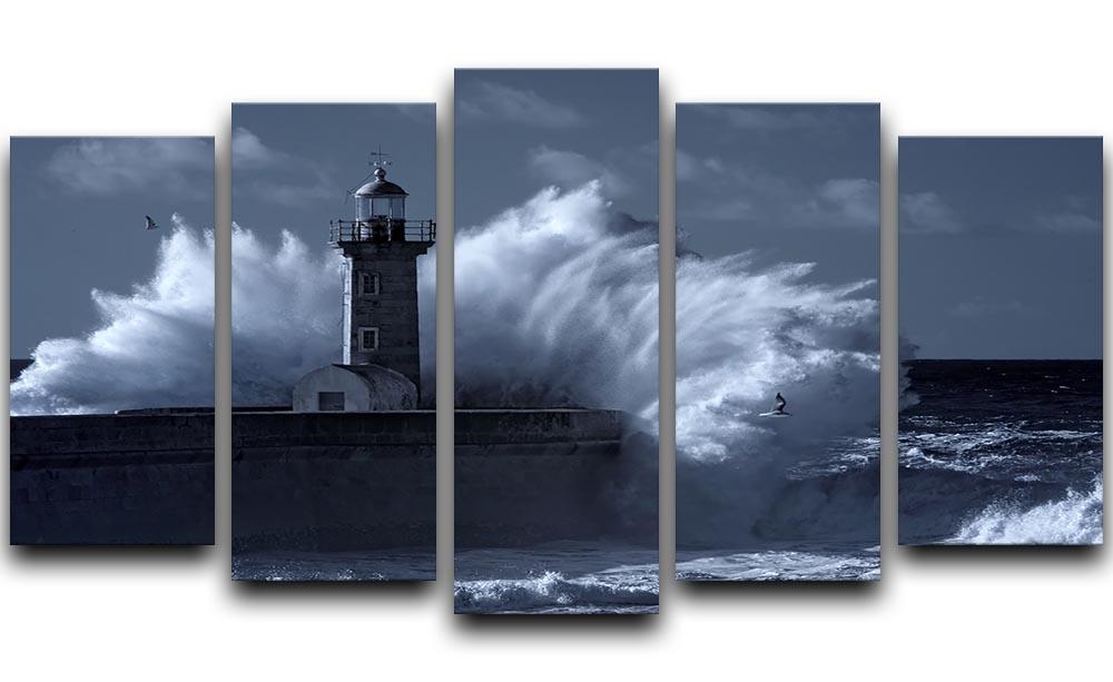 Stormy waves over old lighthouse 5 Split Panel Canvas - Canvas Art Rocks - 1
