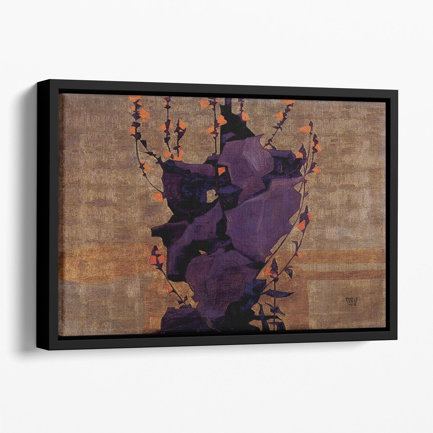 Stylized floral before decorative background style of life by Egon Schiele Floating Framed Canvas