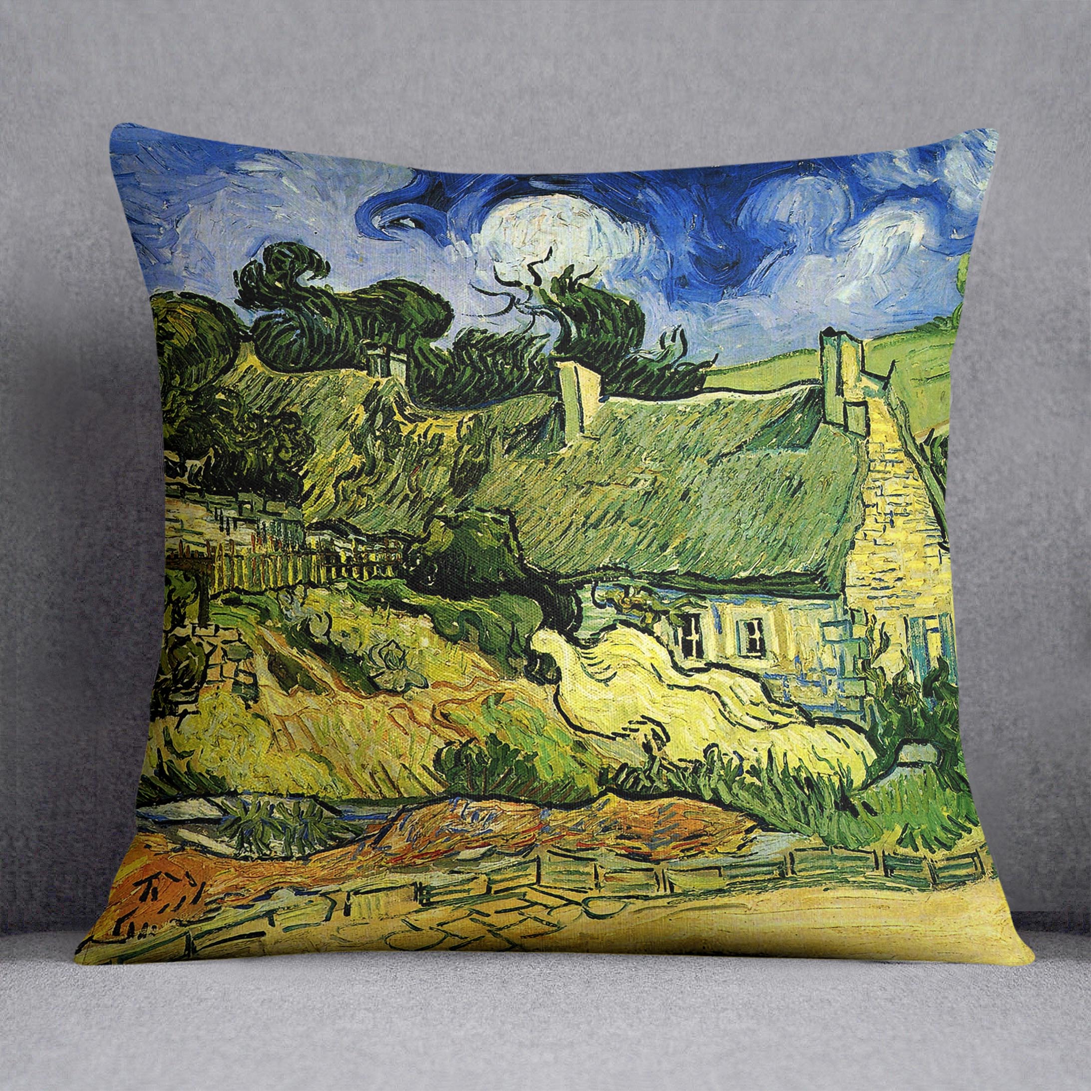 Thatched Cottages at Cordeville by Van Gogh Cushion