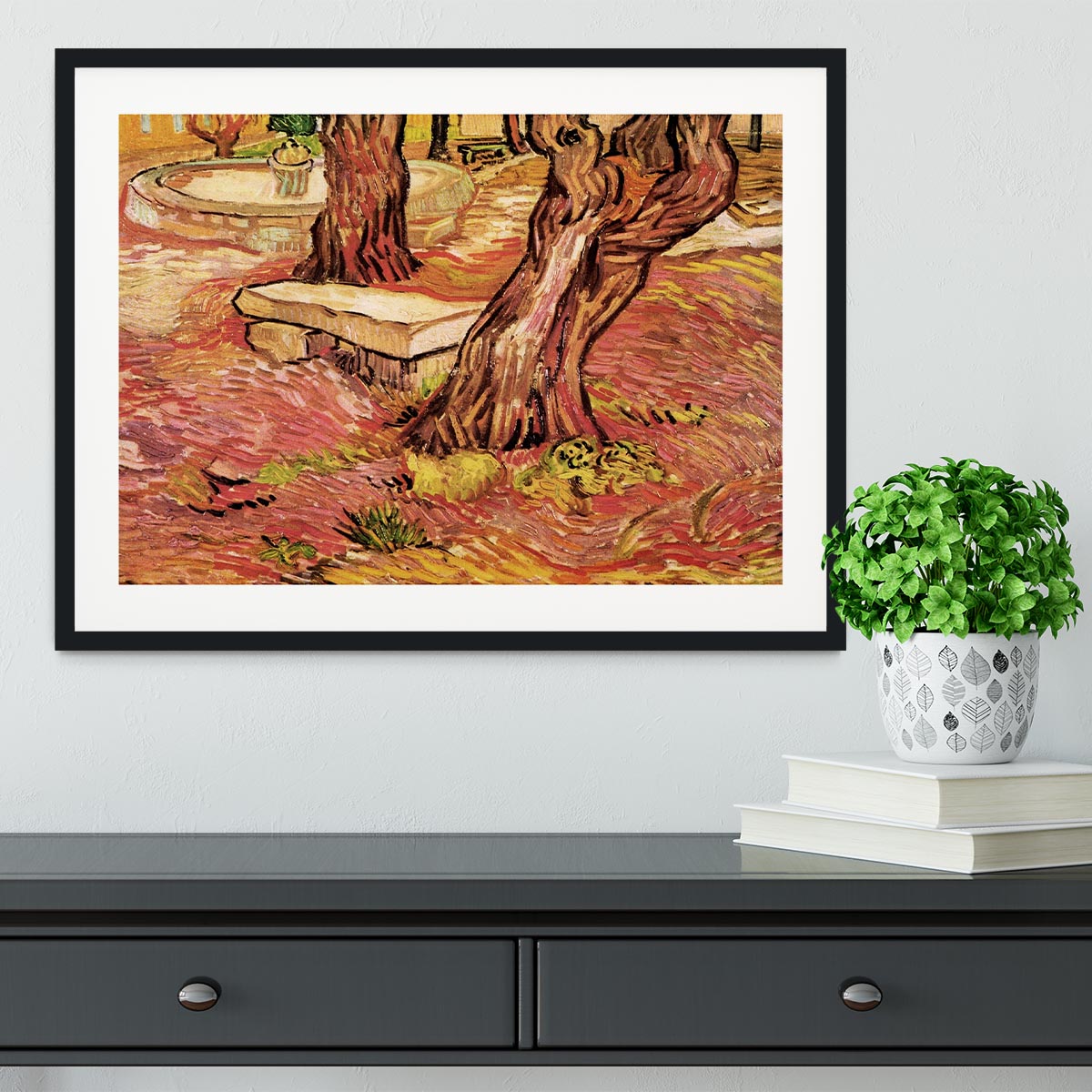 The Stone Bench in the Garden of Saint-Paul Hospital by Van Gogh Framed Print - Canvas Art Rocks - 1