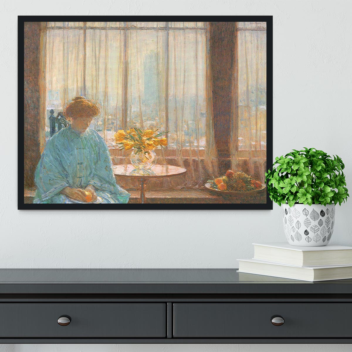 The breakfast room winter morning by Hassam Framed Print - Canvas Art Rocks - 2