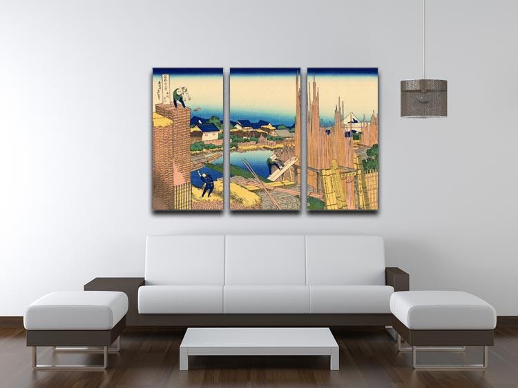 The timberyard at Honjo by Hokusai 3 Split Panel Canvas Print - Canvas Art Rocks - 3