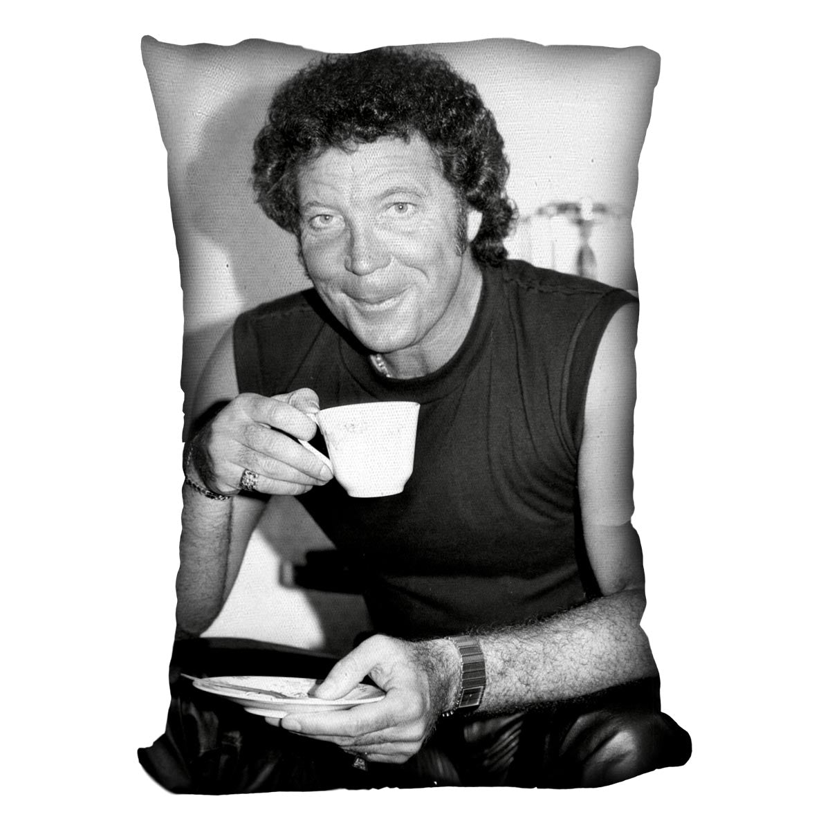 Tom Jones with a cuppa Cushion - Canvas Art Rocks - 4