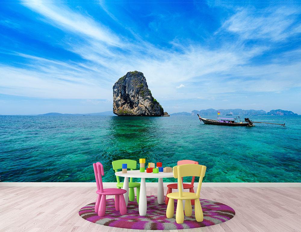 Traditional Thai boat in the blue sea Wall Mural Wallpaper - Canvas Art Rocks - 2