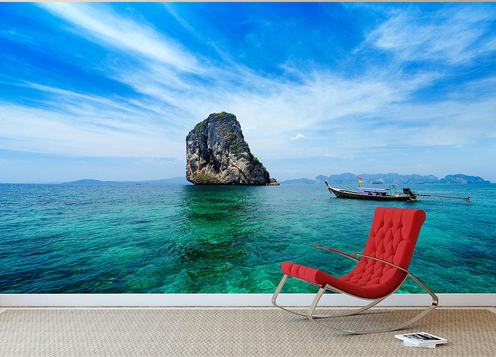 Traditional Thai boat in the blue sea Wall Mural Wallpaper - Canvas Art Rocks - 3