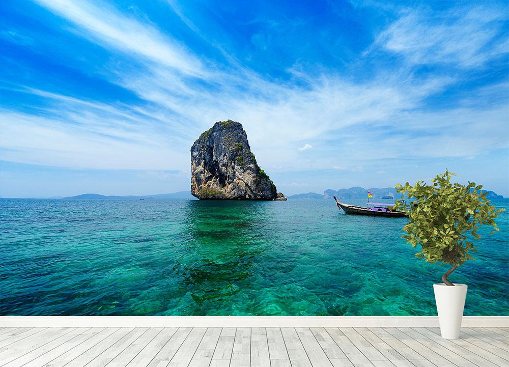Traditional Thai boat in the blue sea Wall Mural Wallpaper - Canvas Art Rocks - 4