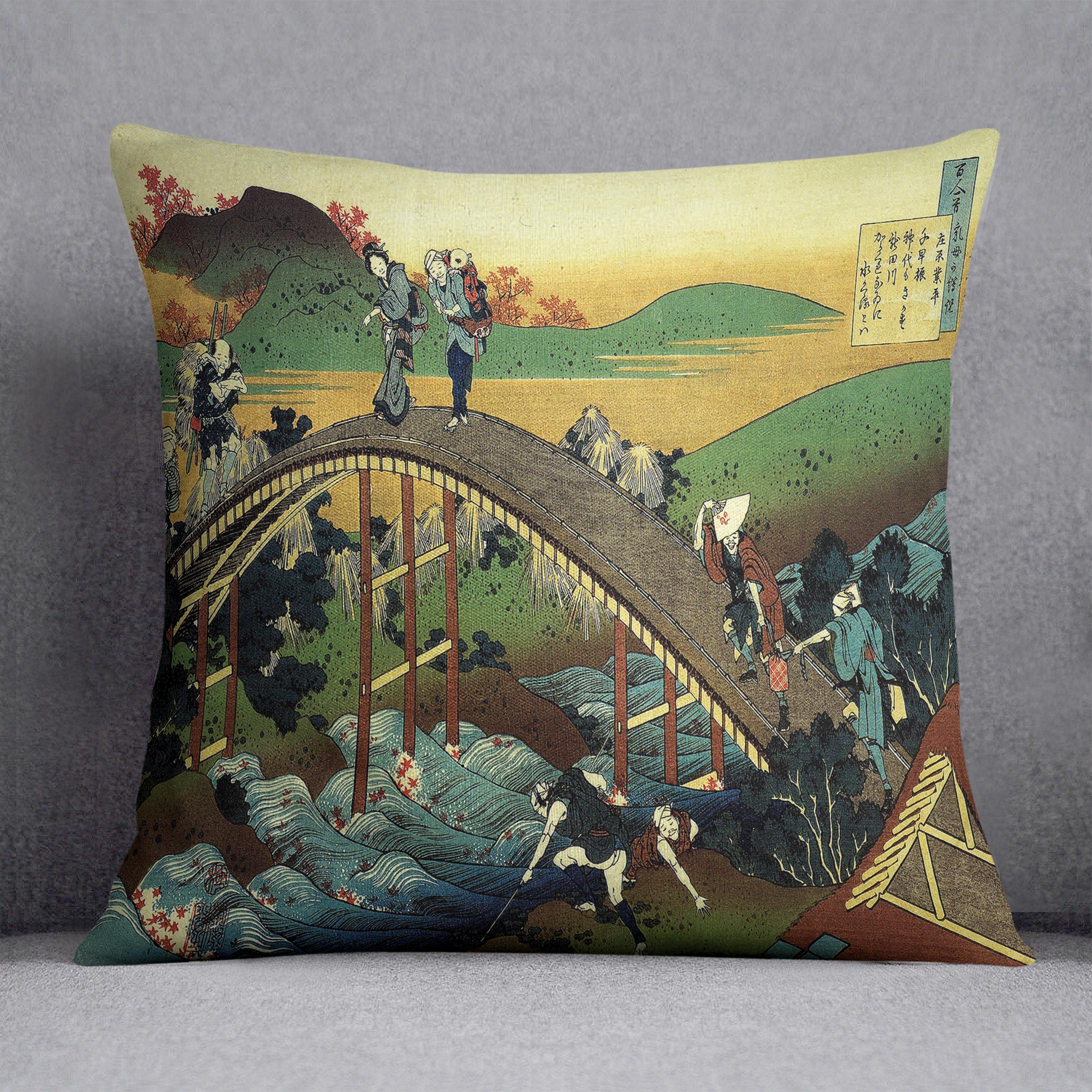 Travellers on the bridge near the waterfall of Ono by Hokusai Cushion