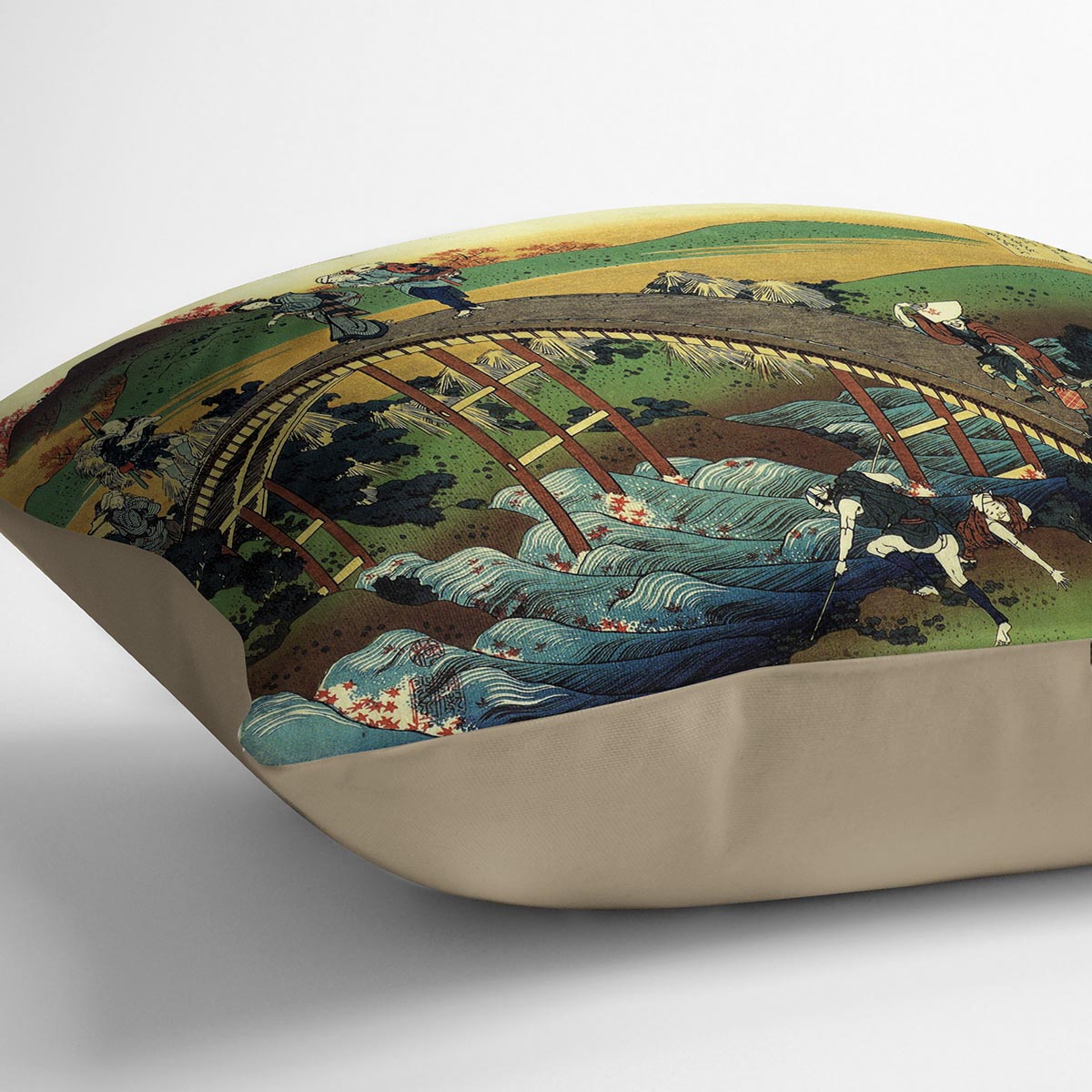 Travellers on the bridge near the waterfall of Ono by Hokusai Cushion