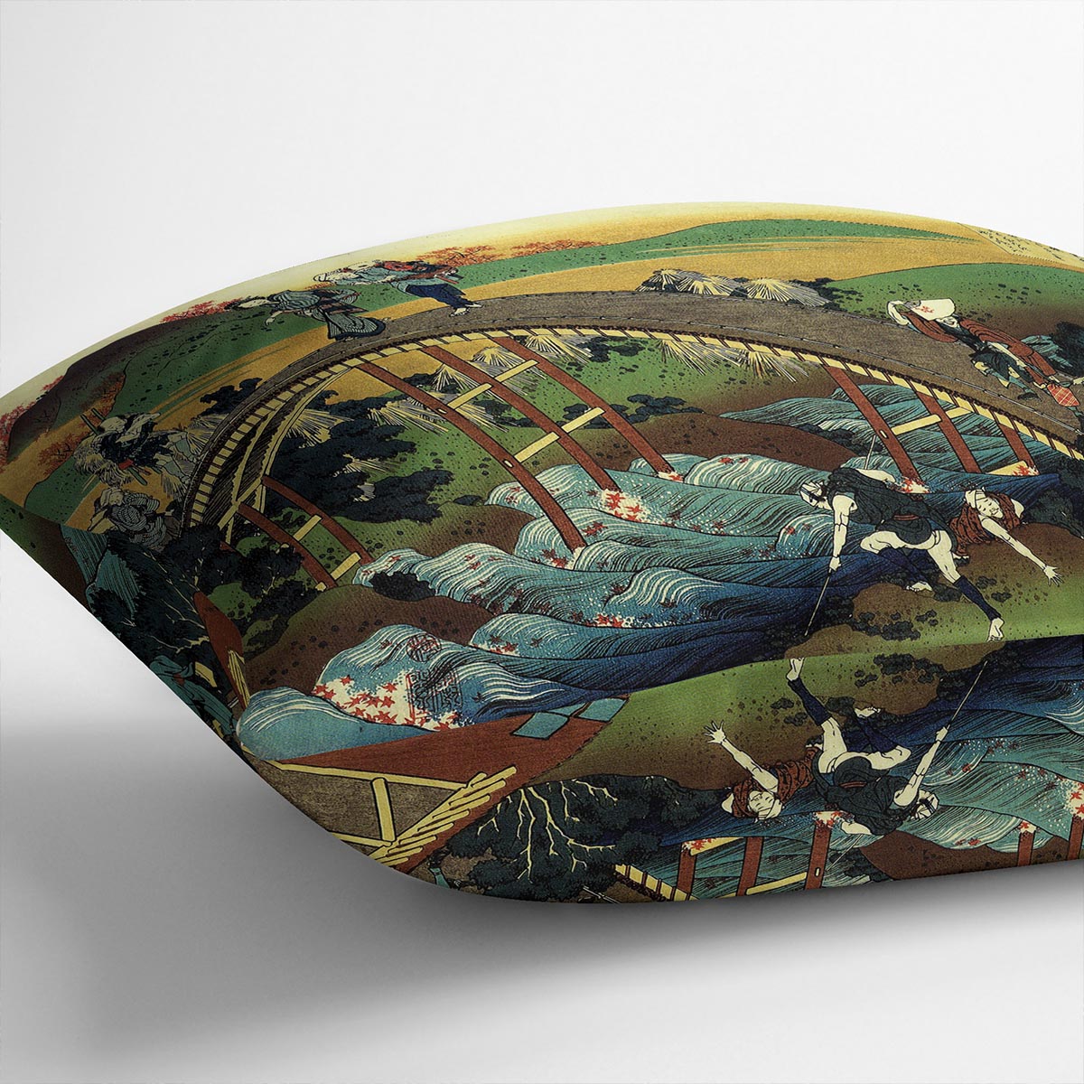 Travellers on the bridge near the waterfall of Ono by Hokusai Cushion