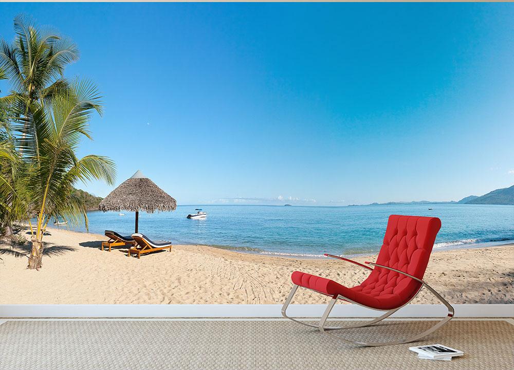 Tropical beach panorama with deckchairs Wall Mural Wallpaper - Canvas Art Rocks - 2