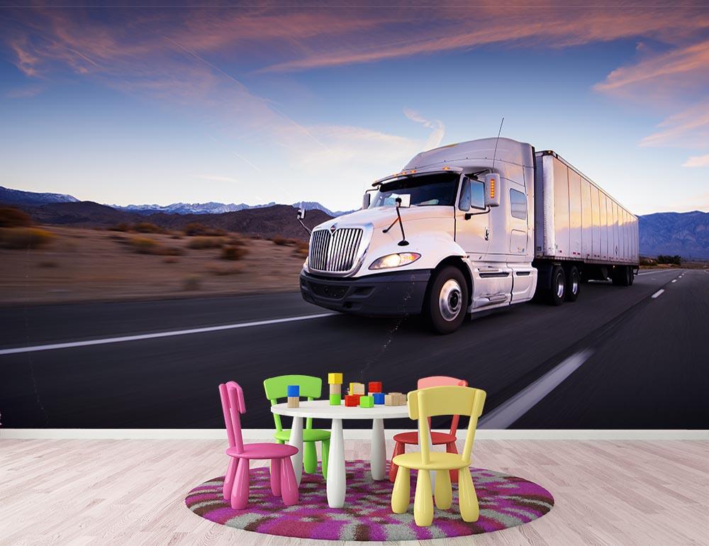 Truck and highway at sunset Wall Mural Wallpaper - Canvas Art Rocks - 3