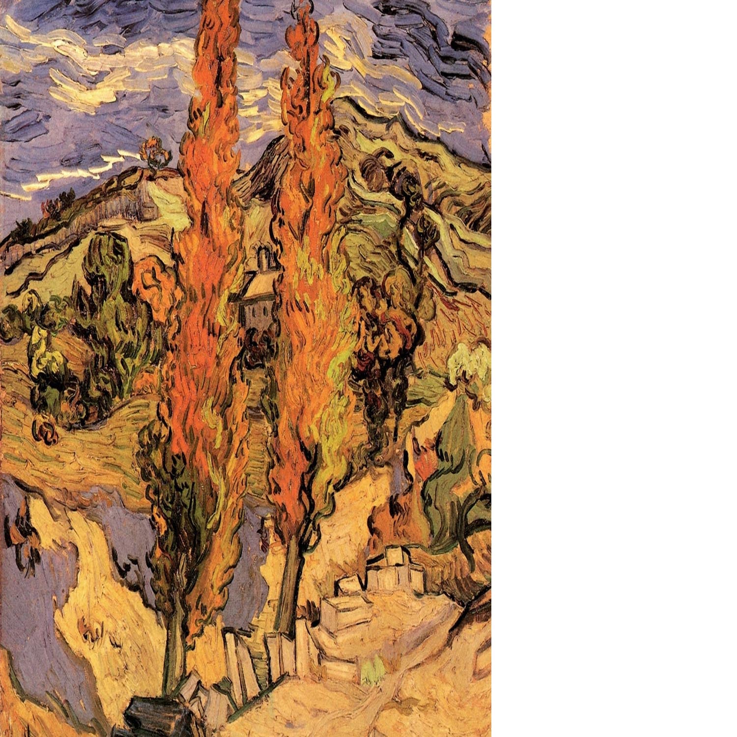Two Poplars on a Road Through the Hills by Van Gogh Floating Framed Canvas