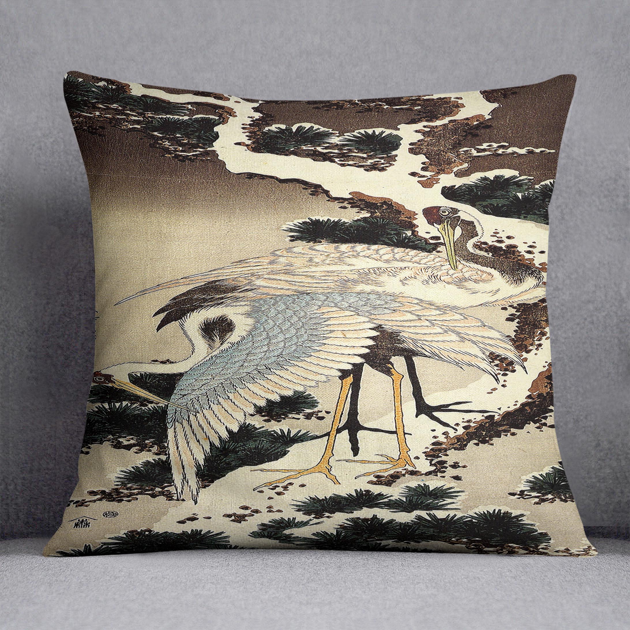 Two cranes on a pine covered with snow by Hokusai Cushion