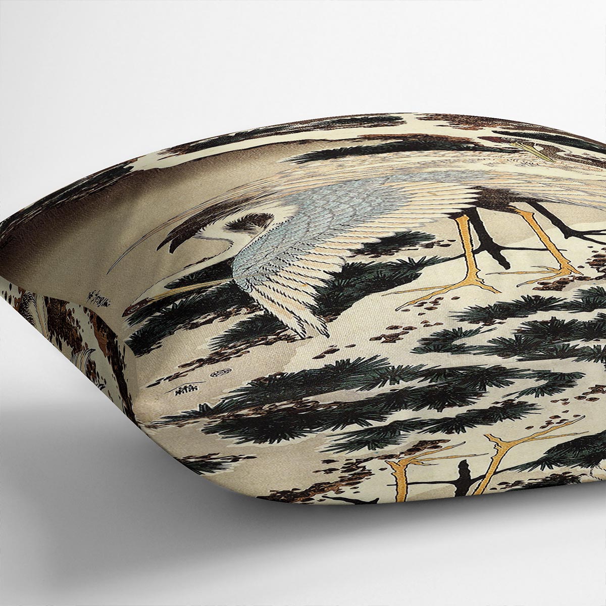 Two cranes on a pine covered with snow by Hokusai Cushion