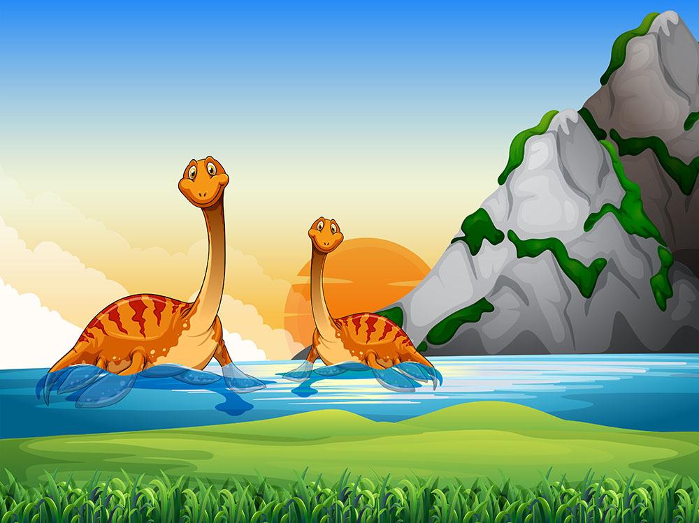 Two dinosaurs in the lake Wall Mural Wallpaper - Canvas Art Rocks - 1