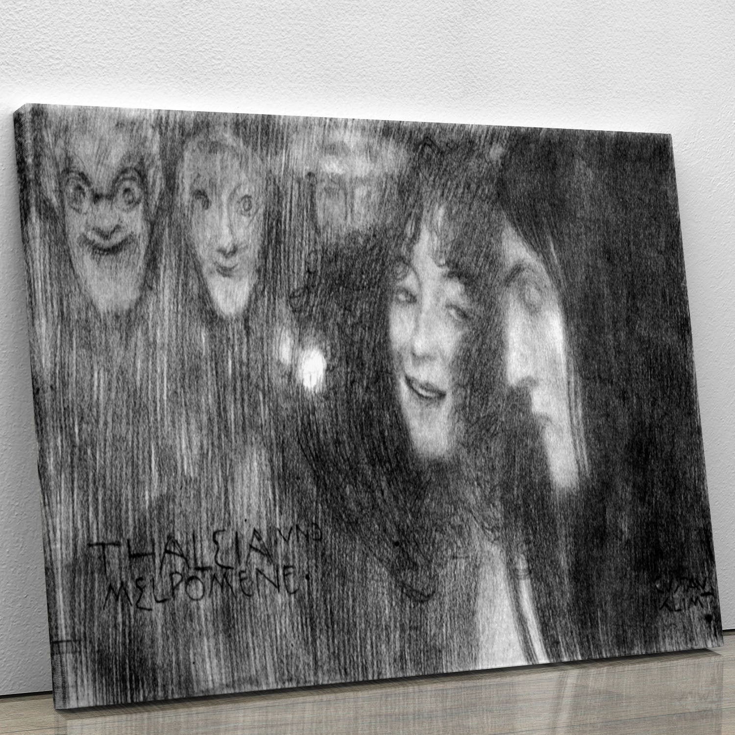 Two girls heads in profile and masks Thalia and Melpomene by Klimt Canvas Print or Poster - Canvas Art Rocks - 1