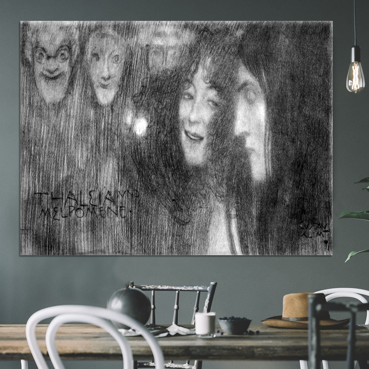 Two girls heads in profile and masks Thalia and Melpomene by Klimt Canvas Print or Poster - Canvas Art Rocks - 3