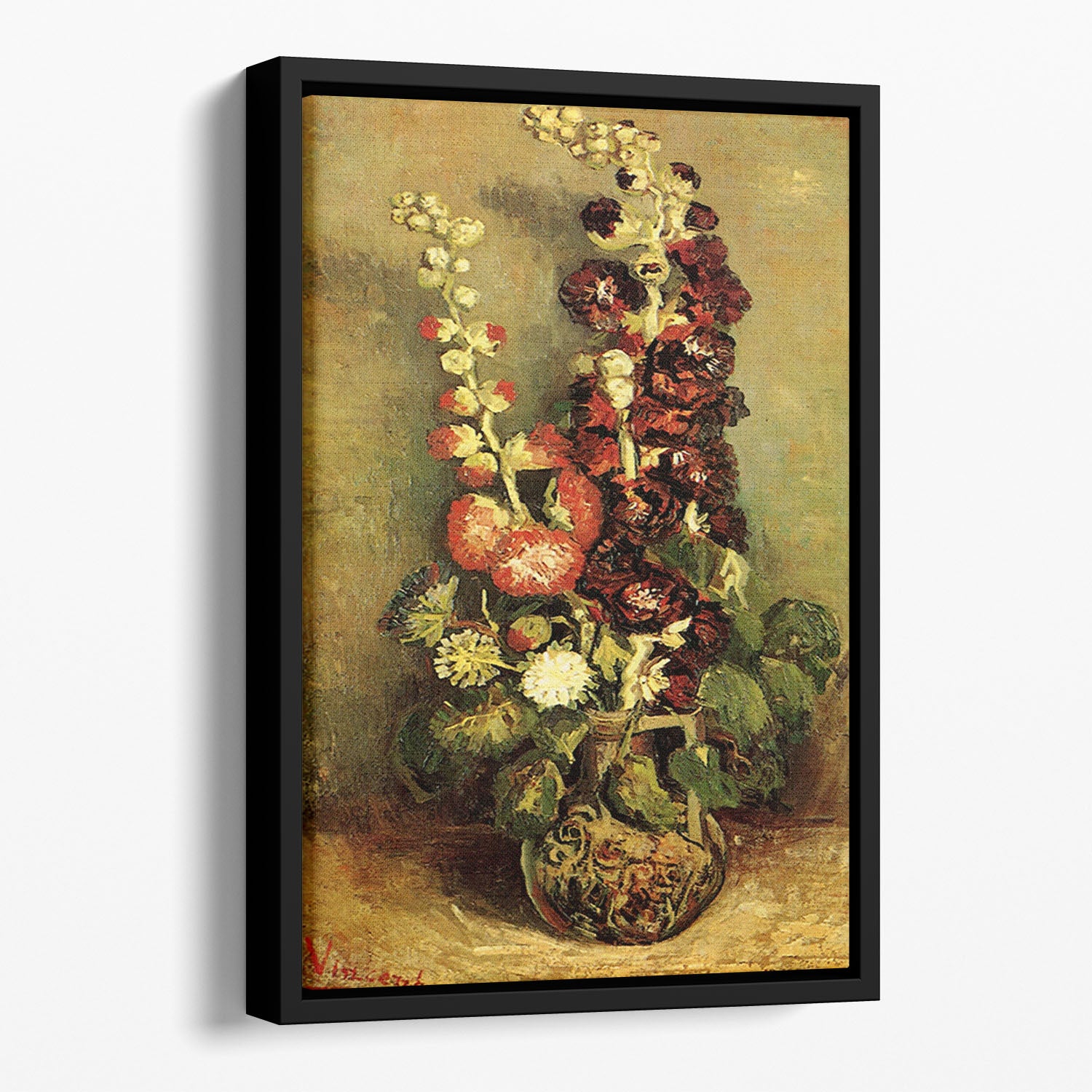 Vase with Hollyhocks by Van Gogh Floating Framed Canvas