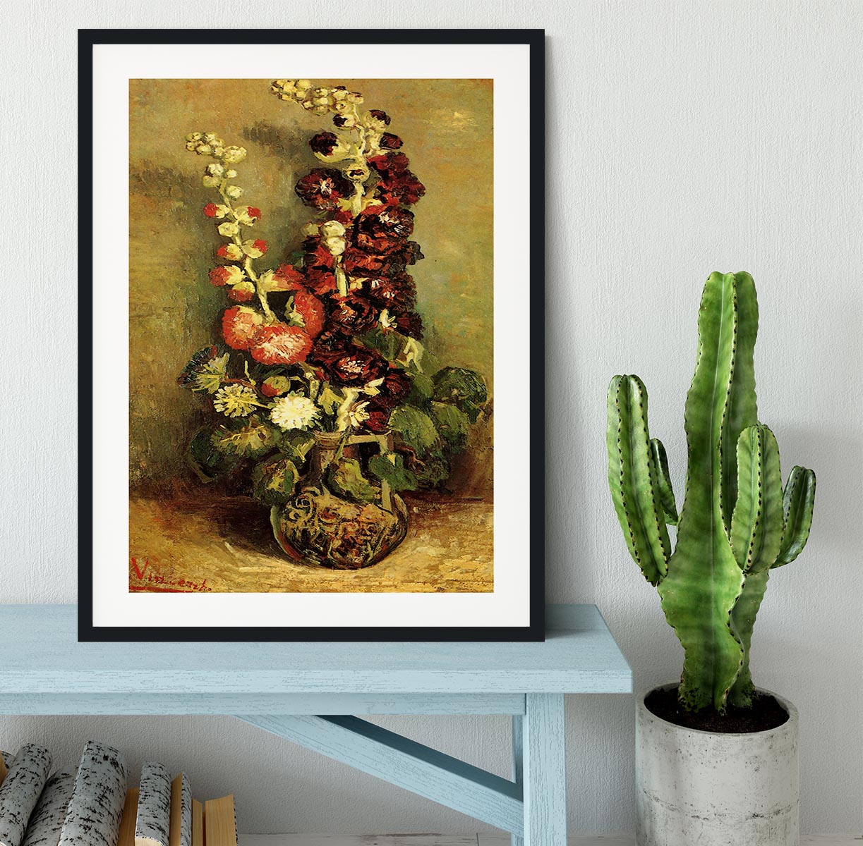 Vase with Hollyhocks by Van Gogh Framed Print - Canvas Art Rocks - 1