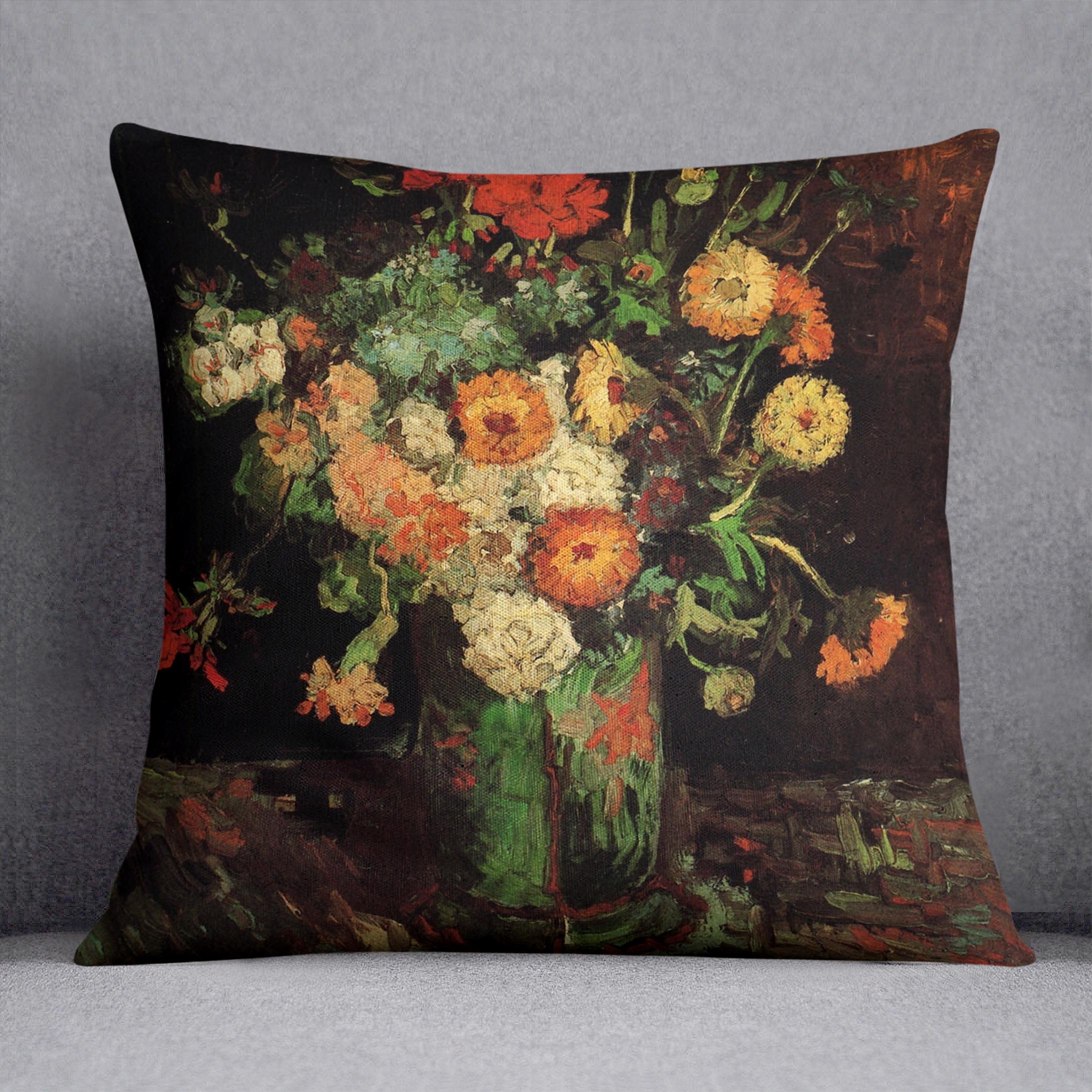 Vase with Zinnias and Geraniums by Van Gogh Cushion