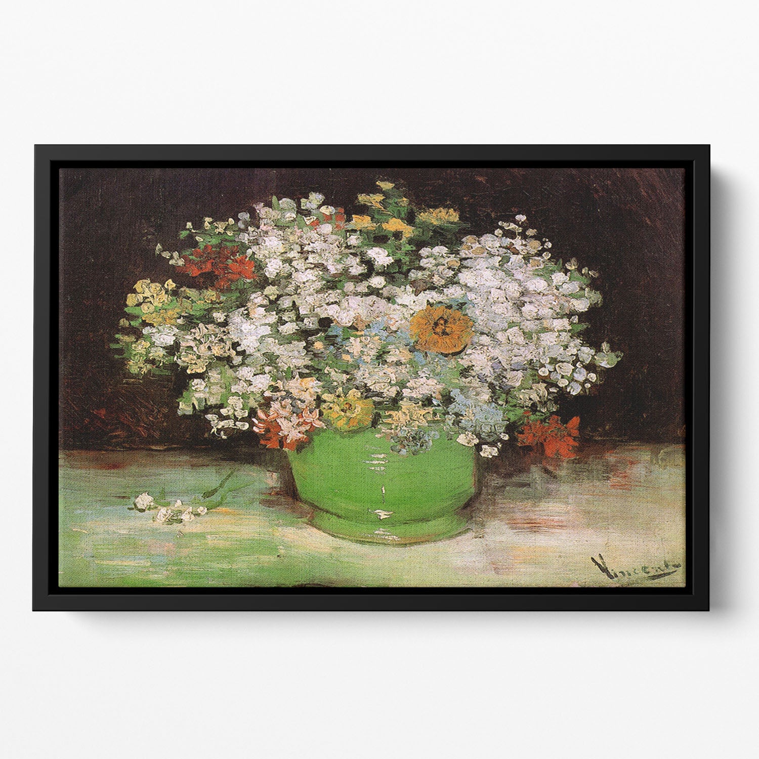 Vase with Zinnias and Other Flowers by Van Gogh Floating Framed Canvas