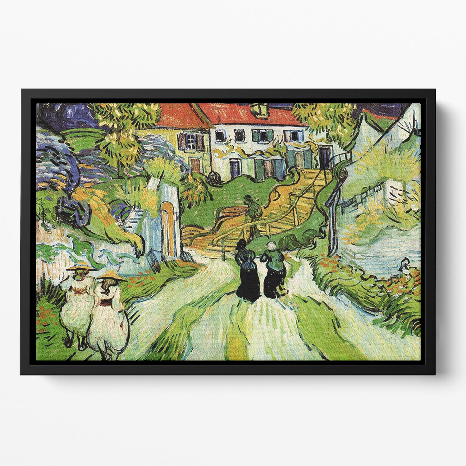 Village Street and Steps in Auvers with Figures by Van Gogh Floating Framed Canvas