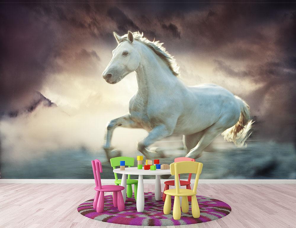 White running horse Wall Mural Wallpaper - Canvas Art Rocks - 2