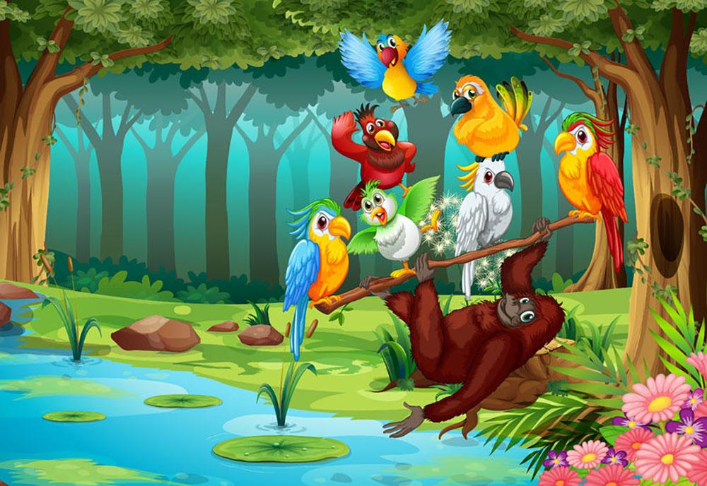 Wild animals in the forest illustration Wall Mural Wallpaper - Canvas Art Rocks - 1