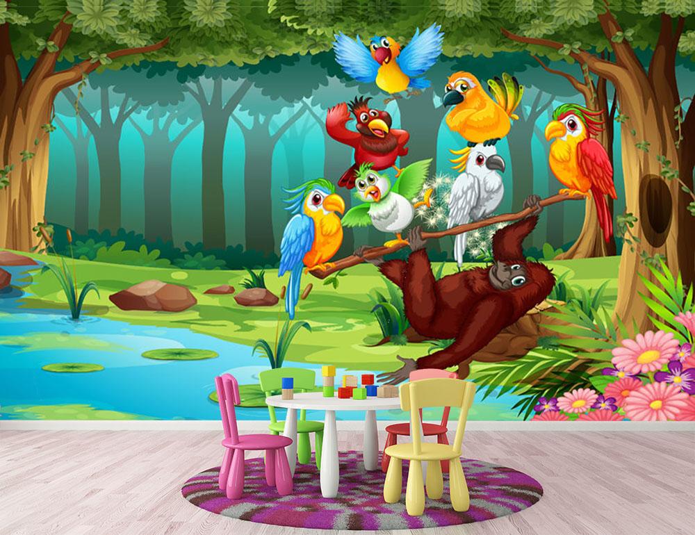 Wild animals in the forest illustration Wall Mural Wallpaper - Canvas Art Rocks - 2