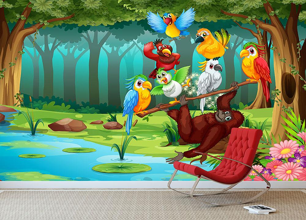 Wild animals in the forest illustration Wall Mural Wallpaper - Canvas Art Rocks - 3