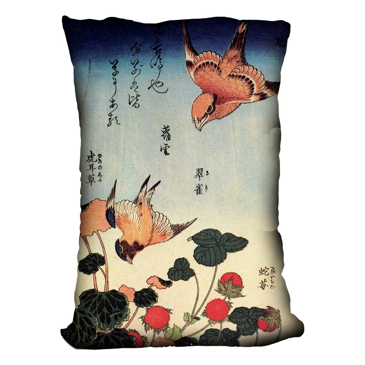 Wild strawberries and birds by Hokusai Cushion