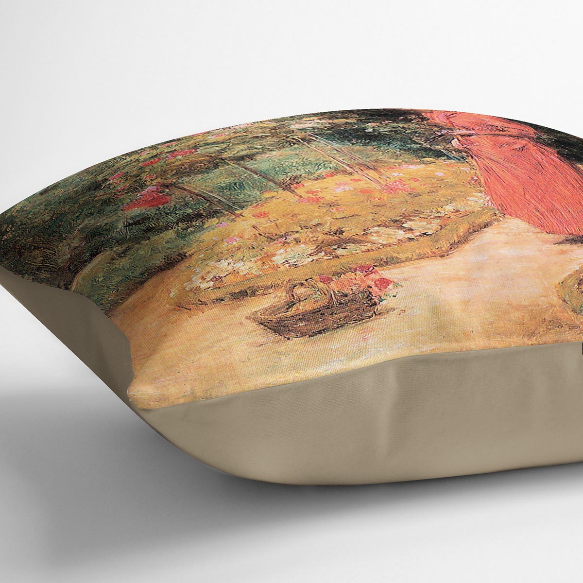 Woman cuts roses in a garden by Hassam Cushion - Canvas Art Rocks - 2