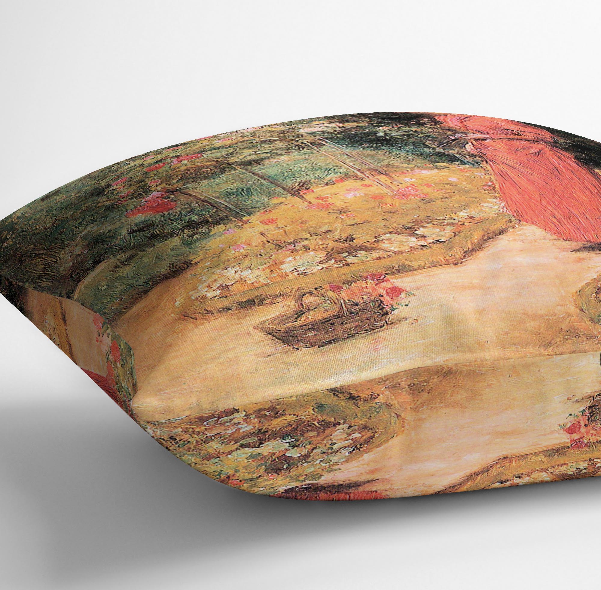 Woman cuts roses in a garden by Hassam Cushion - Canvas Art Rocks - 3