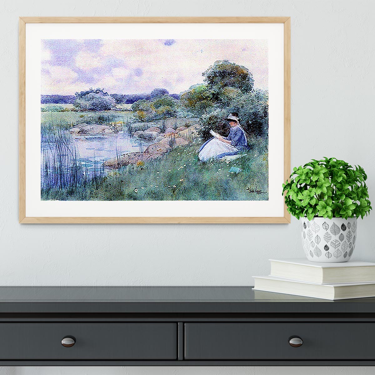 Woman reading by Hassam Framed Print - Canvas Art Rocks - 3