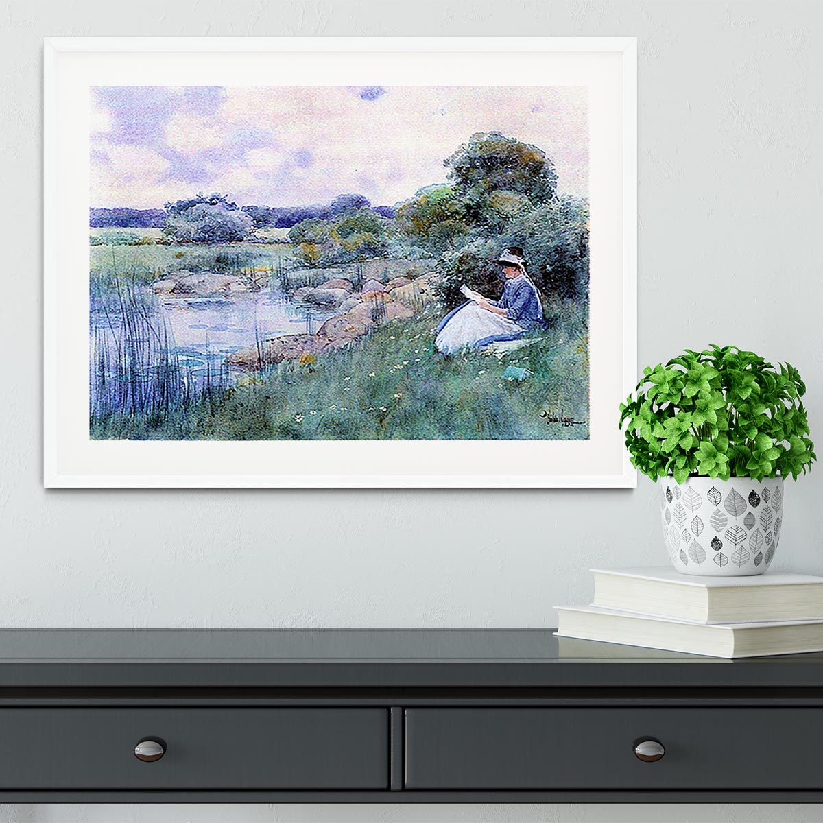 Woman reading by Hassam Framed Print - Canvas Art Rocks - 5