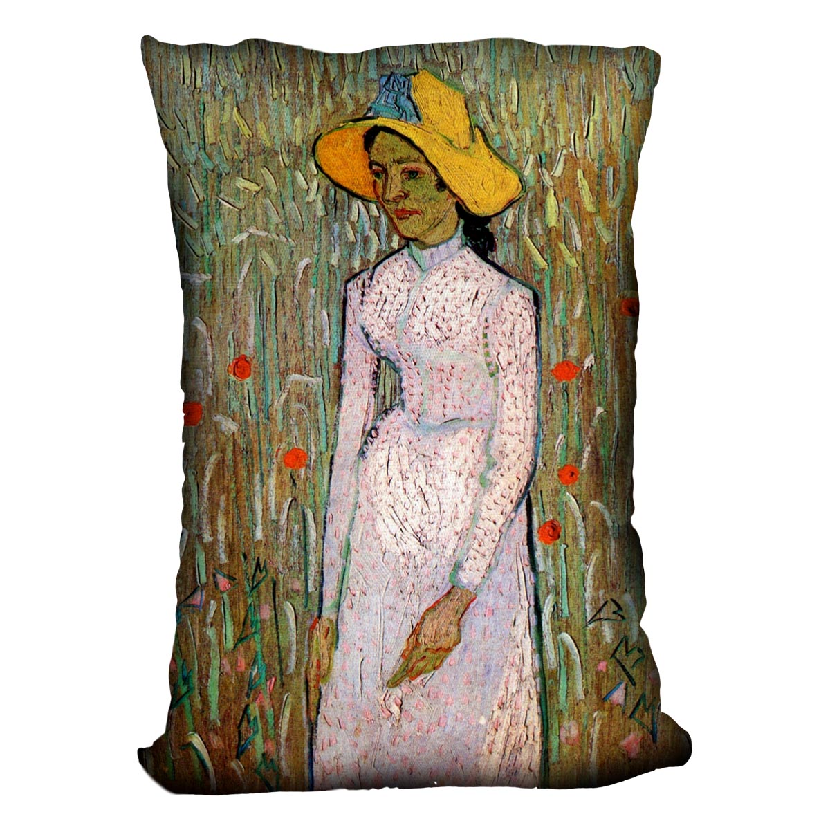Young Girl Standing Against a Background of Wheat by Van Gogh Cushion