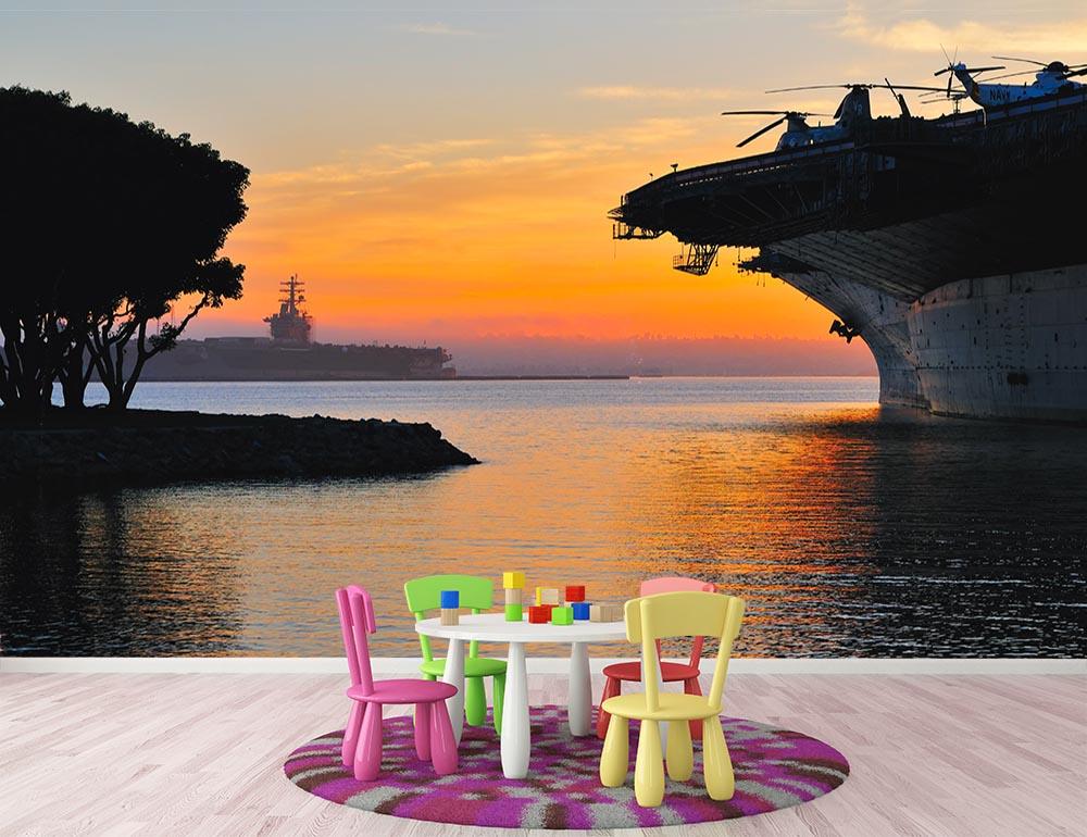 aircraft carrier in harbour in sunset Wall Mural Wallpaper - Canvas Art Rocks - 3