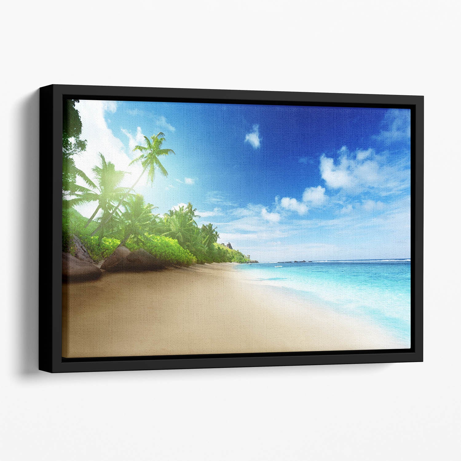 beach in sunset time on Mahe island Floating Framed Canvas