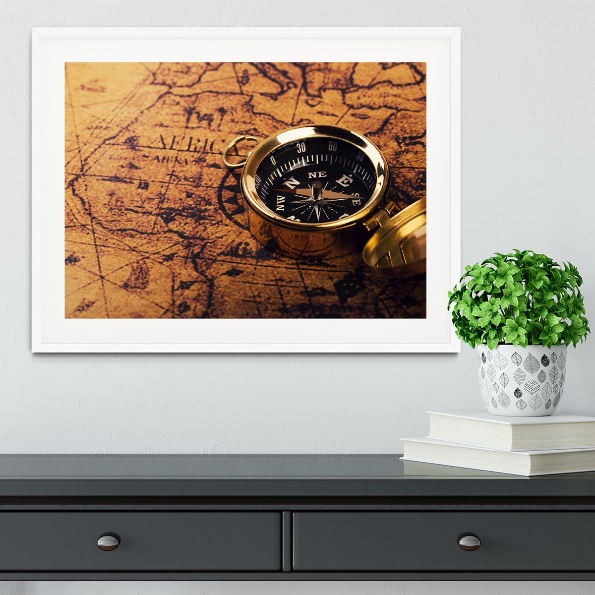 compass on vintage world map Framed Print - Canvas Art Rocks - 5