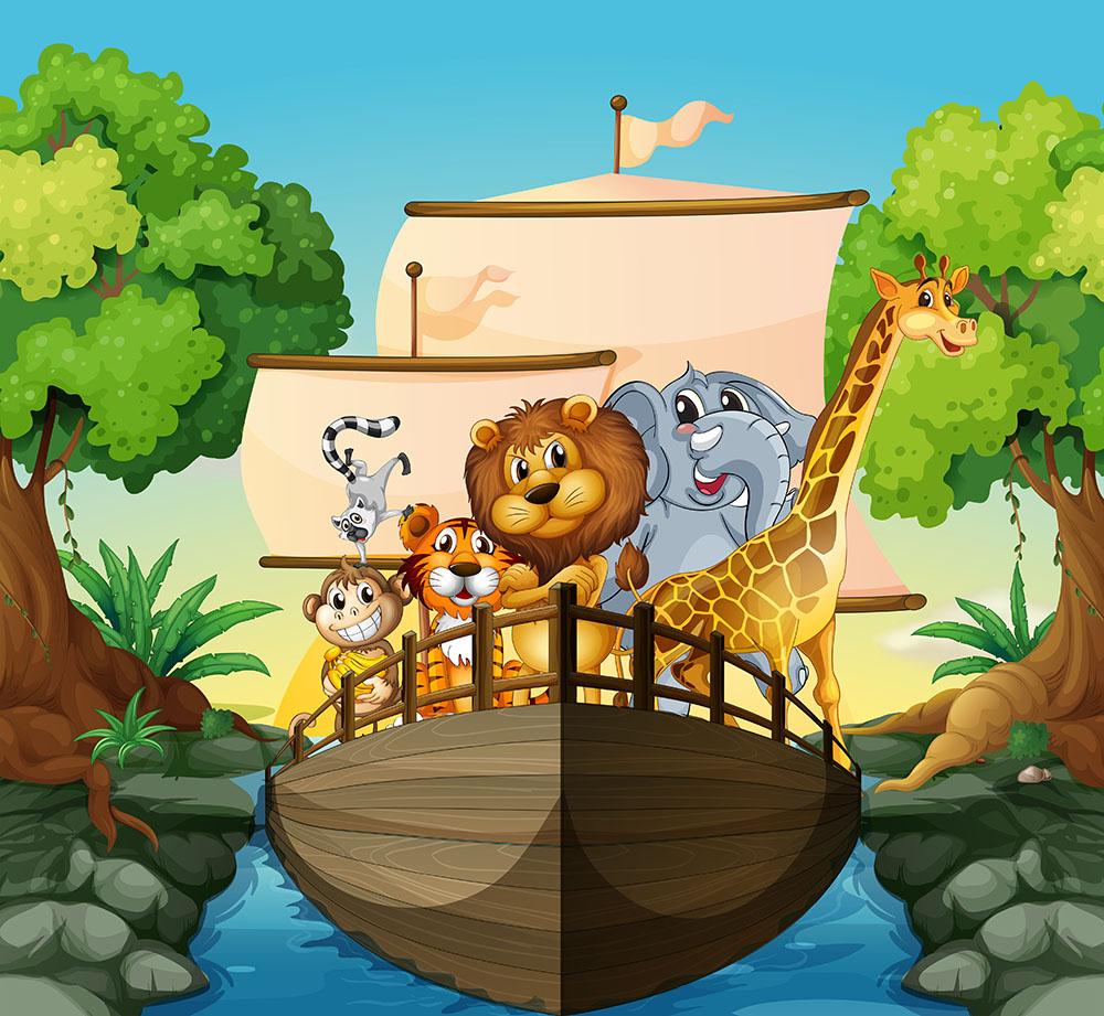 many animals on a boat Wall Mural Wallpaper - Canvas Art Rocks - 1