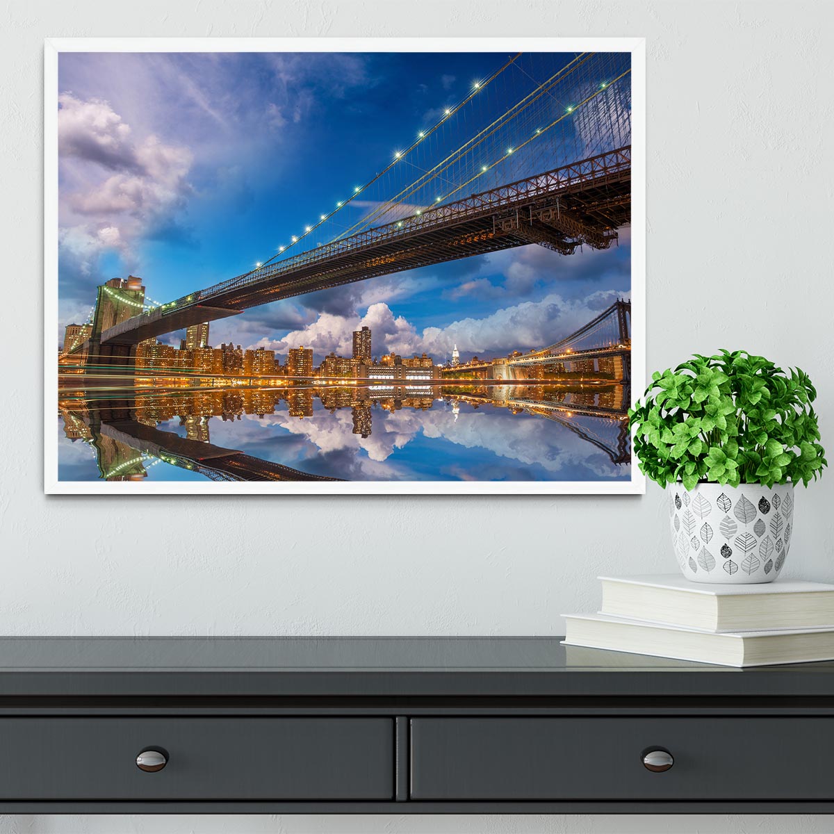 panoramic sunset with Brooklyn and Manhattan Bridge Framed Print - Canvas Art Rocks -6
