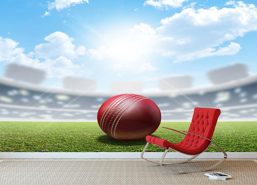 red leather cricket ball on green grass Wall Mural Wallpaper - Canvas Art Rocks - 2