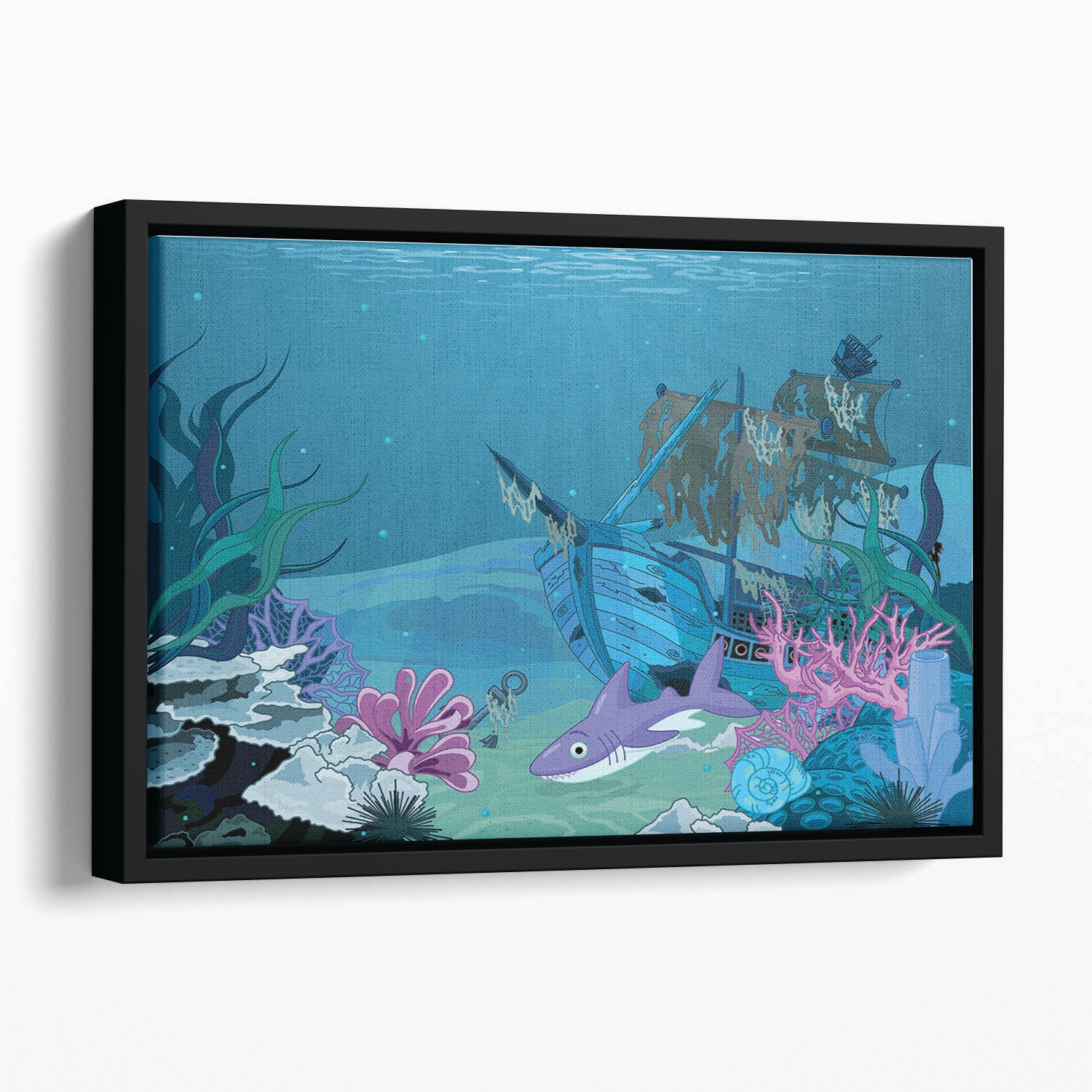 scene with old pirate ship Floating Framed Canvas