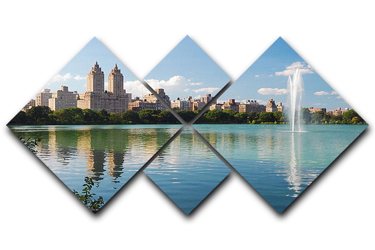 skyline with skyscrapers and trees lake reflection 4 Square Multi Panel Canvas - Canvas Art Rocks - 1