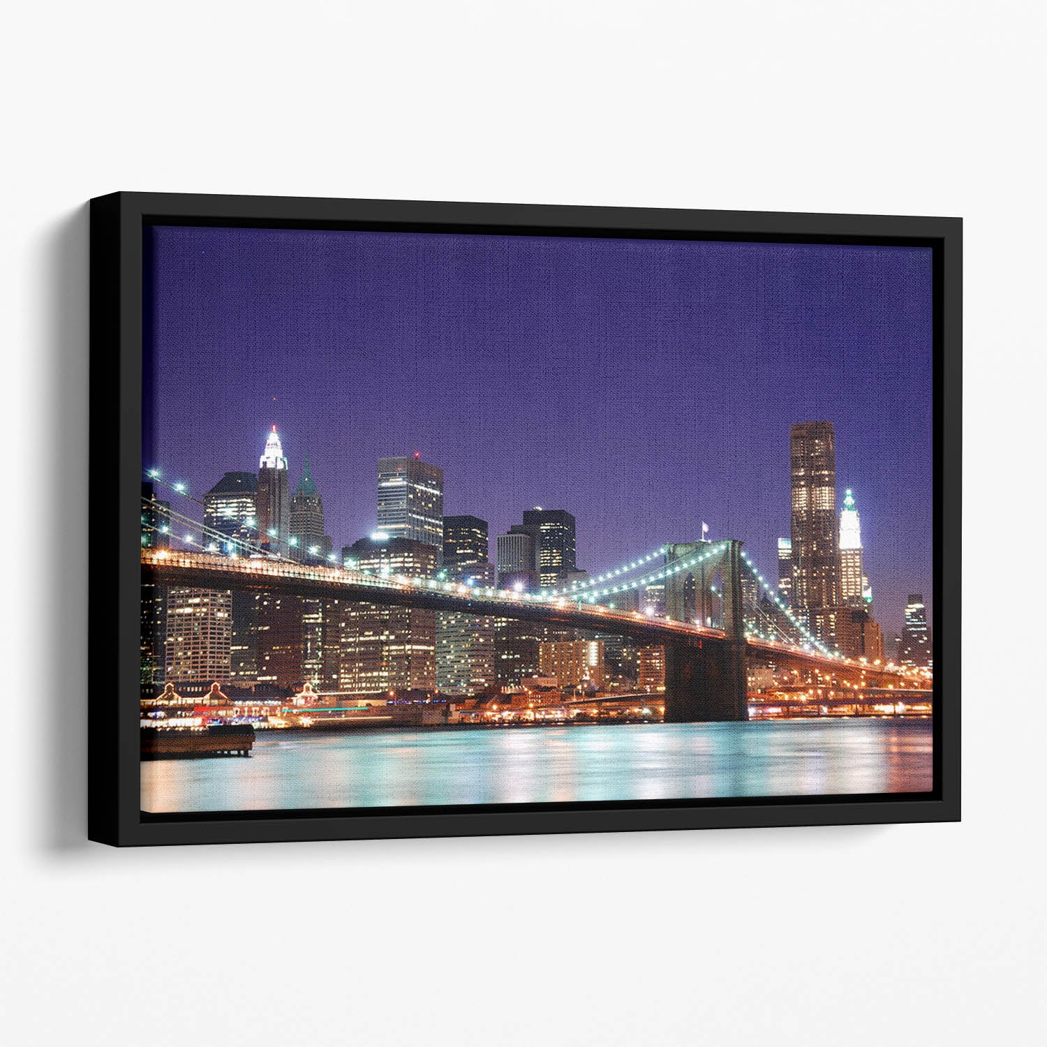 skyscrapers over Hudson River illuminated lights at dusk Floating Framed Canvas