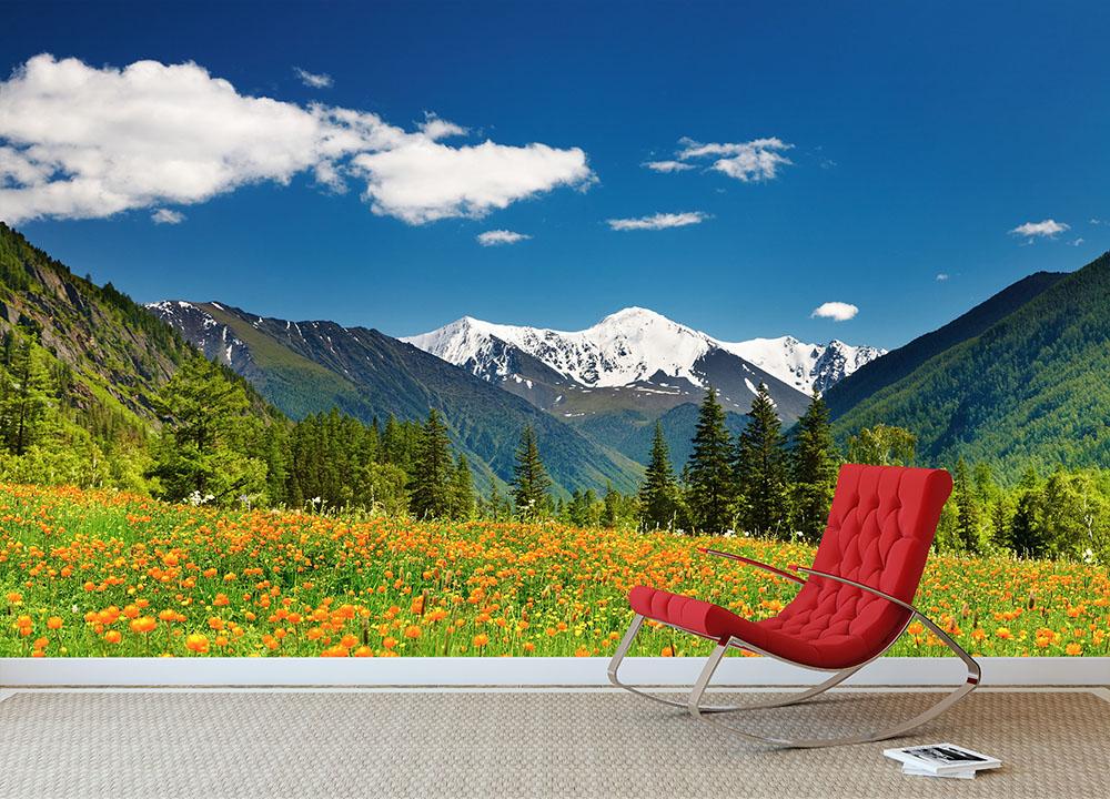 Mountain landscape wall mural wallpaper for a calm nature feature wall