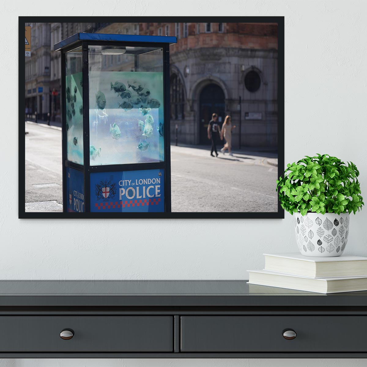 Banksy Fish Police Box Framed Print - Canvas Art Rocks - 2