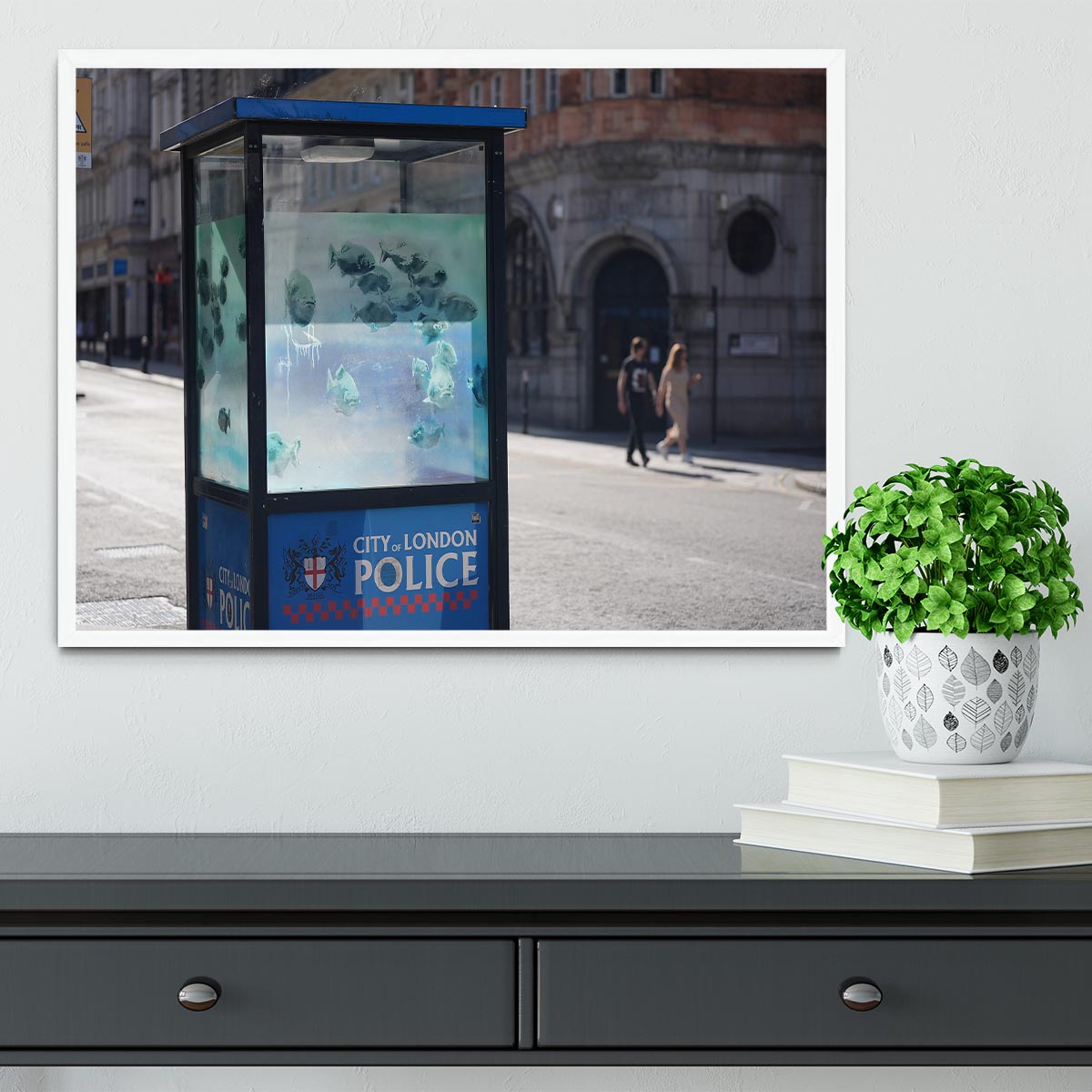 Banksy Fish Police Box Framed Print - Canvas Art Rocks -6