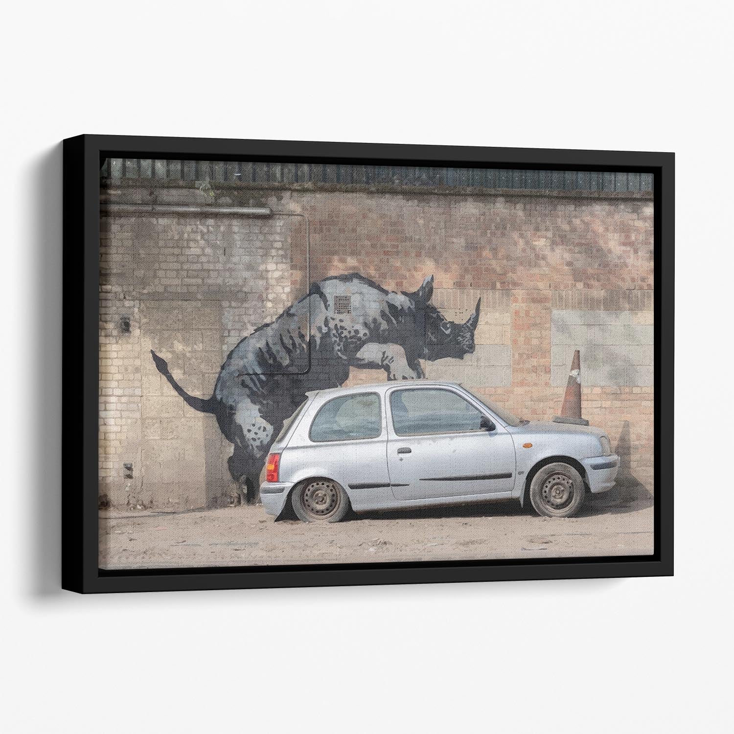 Banksy Rhino In Charlton Floating Framed Canvas - Canvas Art Rocks - 1